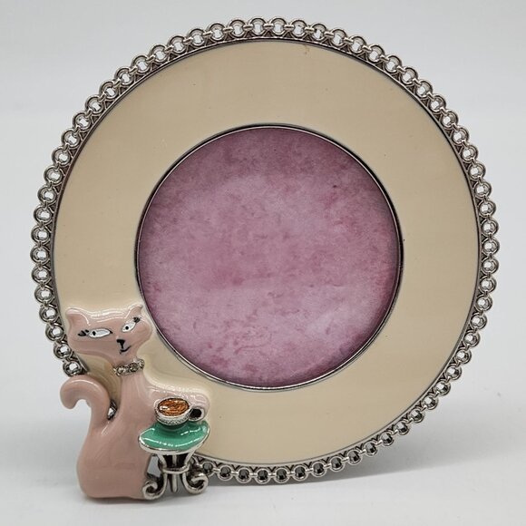 Cat Themed Round Photo Frame With Rhinestone Accents & Cream Enamel Finish - Picture 1 of 8